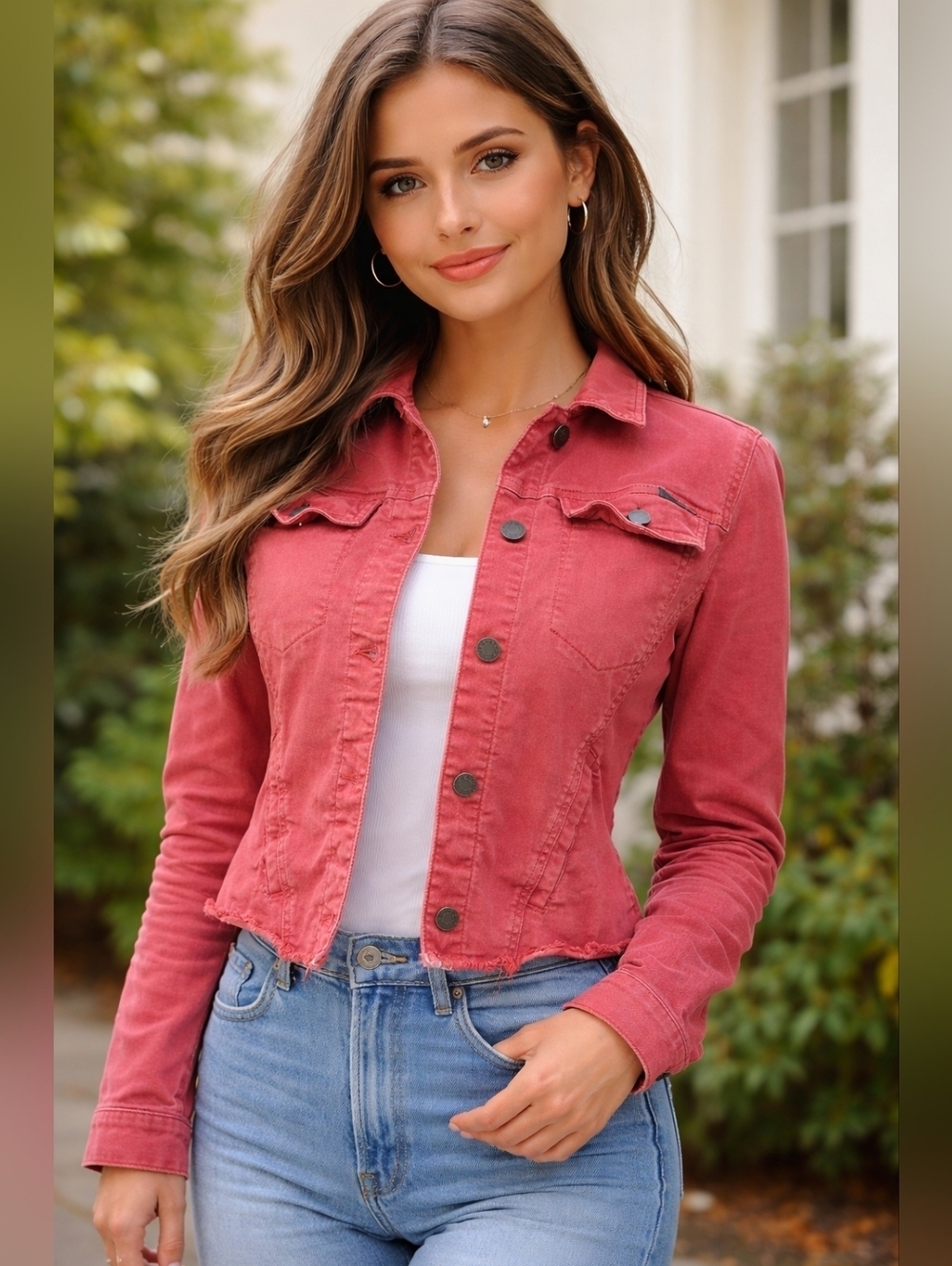 Protocol Women’s Red Denim Jacket Cropped Button Front Frayed Hem Fitted S